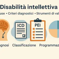Illustrazione su disabilità intellettiva: cervello, documenti ICD e PEI, grafico a torta. Percorso di diagnosi, classificazione e programmazione.