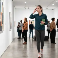 Donna in galleria d'arte, con un libro verde, ha un'espressione pensierosa, quasi un dejavu significato.