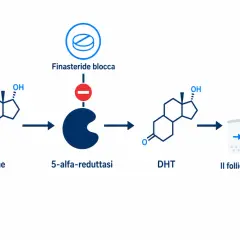 Schema che illustra come la finasteride blocca la 5-alfa-reduttasi, riducendo il DHT e prevenendo il restringimento del follicolo. Possibili finasteride effetti collaterali legati a questo meccanismo.