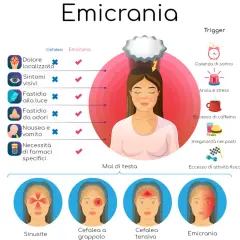 Illustrazione sull'emicrania, con sintomi, trigger e tipi di mal di testa. Il mal di testa da ciclo è una forma comune.