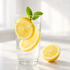 Un bicchiere d'acqua con fette di limone e menta, ideale per disintossicare il fegato. Un limone tagliato a metà riposa accanto.