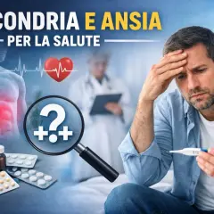 Uomo preoccupato con termometro, pillole e lente d'ingrandimento su corpo umano. Ipotetici ipocondria sintomi fisici.
