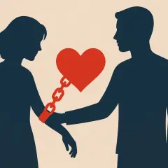 Silhouette di una donna e un uomo legati da una catena a un cuore rosso. Simboleggia la dipendenza affettiva, i cui sintomi possono includere questo legame soffocante.