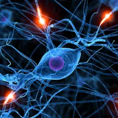 Neuroni blu interconnessi con impulsi luminosi, evocano la complessità del cervello e i **parkinson sintomi mentali**.