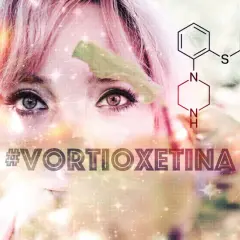 Volto di donna con capelli rosa, formula chimica e #VORTIOXETINA. Possibili brintellix effetti collaterali.