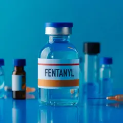 Fiale di fentanyl, con siringa e altre fiale sullo sfondo. Il fentanyl è un potente oppioide sintetico con gravi effetti.