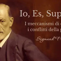 Ritratto di Sigmund Freud, con testo "Io, Es, Super-Io: i meccanismi di difesa e i conflitti della psiche".