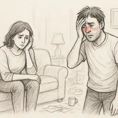 Una donna preoccupata osserva un uomo con il viso arrossato e la mano sulla fronte, simbolo della psicologia del cocainomane e del suo impatto.