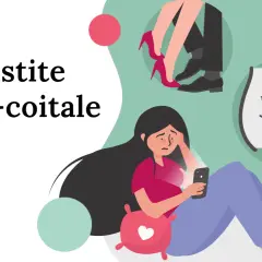 La cistite post-coitale può passare da sola. Illustrazione di una donna preoccupata che guarda il telefono, con simboli di intimità e disagio.