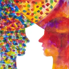 Due profili stilizzati, uno colorato e l'altro rosso, si fronteggiano. Un'immagine che evoca la mancanza di empatia patologia, un vuoto comunicativo.