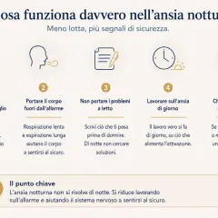 Cinque strategie per gestire l'ansia notturna: smettere di combattere il risveglio, respirare, non portare problemi a letto, lavorare sull'ansia di giorno e chiedere supporto.