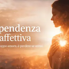 Donna con le mani sul cuore, illuminata da una luce dorata. Il testo recita "Dipendenza affettiva: Non è troppo amore, è perdere se stessi".