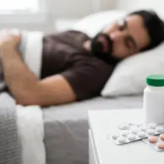 Uomo addormentato a letto, con blister di pillole e flaconi sul comodino. Cosa sono i barbiturici?
