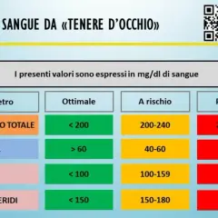 Tabella valori sangue: colesterolo totale, HDL, LDL, trigliceridi. Indica livelli ottimali, a rischio e pericolosi per il rapporto colesterolo totale e HDL.