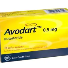 Scatola di Avodart 0.5 mg, contenente 30 capsule molli di dutasteride. Avodart a cosa serve? Per il trattamento dell'iperplasia prostatica benigna.