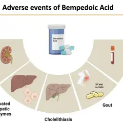Effetti avversi dell'acido bempedoico: danno renale, epatico, calcoli biliari, gotta e iperuricemia.