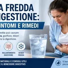 Donna con dolore addominale, possibile causa: congestione digestiva da acqua fredda. Immagine illustra cause, sintomi e rimedi.