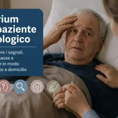 Un anziano paziente oncologico, con la mano sulla fronte, mostra segni di confusione. Il testo spiega il **delirio significato** e come intervenire a casa.