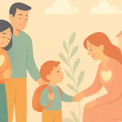 Un bambino con zaino, tra genitori preoccupati e una maestra sorridente. Un'immagine che evoca l'inserimento al nido e l'attaccamento alla mamma.