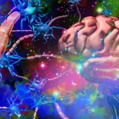 Cervello e neuroni in un paesaggio cosmico colorato, evocando la complessità di cos'è la ketamina.