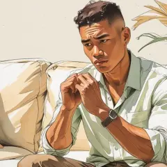 Uomo seduto sul divano, con le mani giunte, lo sguardo perso nel vuoto, un'espressione di profondo senso di colpa.