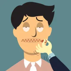 Uomo con bocca a cerniera, simbolo del mutismo selettivo adulti. Una mano chiude la cerniera, impedendo la parola.