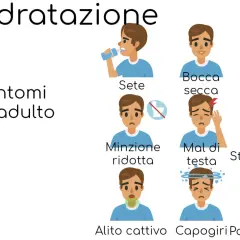 I sintomi della disidratazione nell'adulto: sete, bocca secca, lingua gonfia, minzione ridotta, mal di testa, stanchezza, alito cattivo, capogiri, palpitazioni.