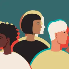 Diverse profili sovrapposti, quasi trasparenti, evocano la sensazione di depersonalizzazione e i suoi sintomi, come se le persone perdessero la loro identità.