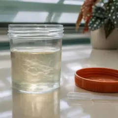 Contenitore con campione di urine che mostra filamenti biancastri, possibili tracce di muco nelle urine.