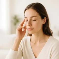 Donna con gli occhi chiusi e mano sulla tempia, sembra malata ma è solo stress.