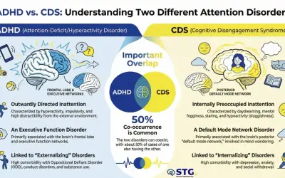 Confronto tra ADHD e CDS: l'immagine illustra le differenze e le sovrapposizioni, evidenziando l'inattenzione internamente preoccupata associata al **sluggish cognitive tempo**.