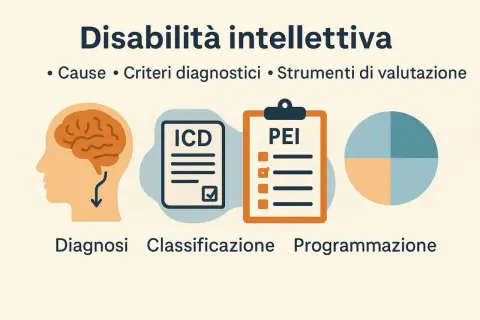 Illustrazione su disabilità intellettiva: cervello, documenti ICD e PEI, grafico a torta. Percorso di diagnosi, classificazione e programmazione.