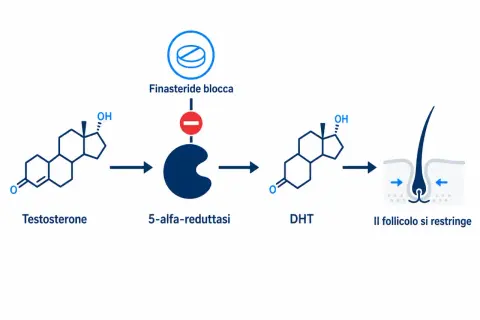 Schema che illustra come la finasteride blocca la 5-alfa-reduttasi, riducendo il DHT e prevenendo il restringimento del follicolo. Possibili finasteride effetti collaterali legati a questo meccanismo.