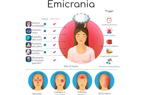 Illustrazione sull'emicrania, con sintomi, trigger e tipi di mal di testa. Il mal di testa da ciclo è una forma comune.