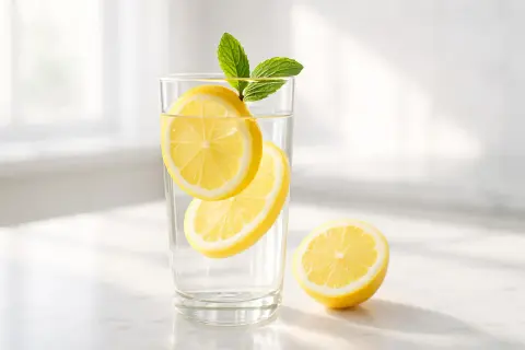 Un bicchiere d'acqua con fette di limone e menta, ideale per disintossicare il fegato. Un limone tagliato a metà riposa accanto.