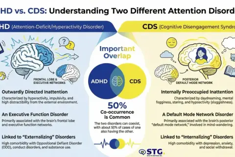 Confronto tra ADHD e CDS: l'immagine illustra le differenze e le sovrapposizioni, evidenziando l'inattenzione internamente preoccupata associata al **sluggish cognitive tempo**.