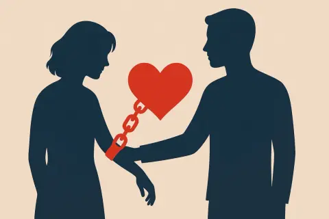 Silhouette di una donna e un uomo legati da una catena a un cuore rosso. Simboleggia la dipendenza affettiva, i cui sintomi possono includere questo legame soffocante.