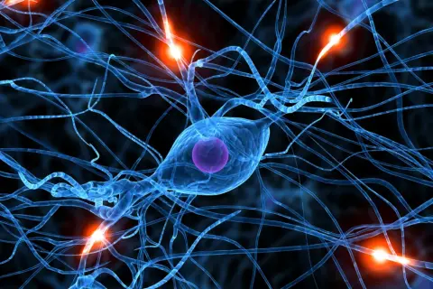 Neuroni blu interconnessi con impulsi luminosi, evocano la complessità del cervello e i **parkinson sintomi mentali**.