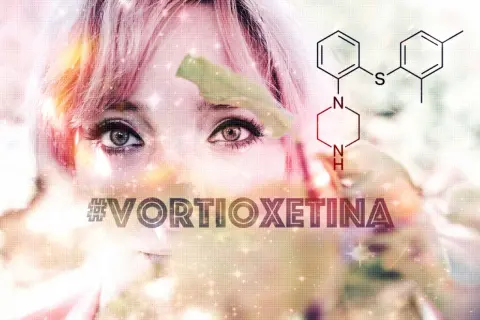 Volto di donna con capelli rosa, formula chimica e #VORTIOXETINA. Possibili brintellix effetti collaterali.