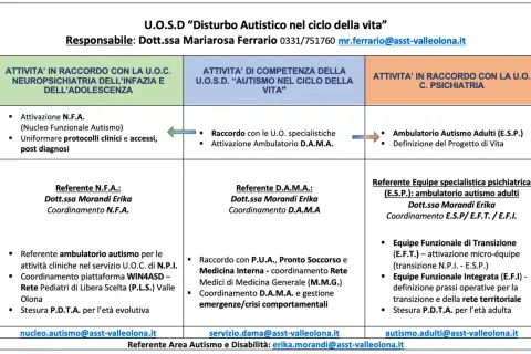 Schema dei diversi tipi di autismo e delle attività correlate, con riferimenti e contatti.