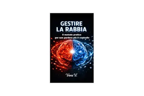 Copertina libro: "Gestire la rabbia: Il metodo pratico per non perdere più il controllo". Cervello diviso in due, rosso e blu, con scintille.
