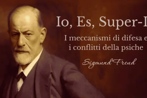 Ritratto di Sigmund Freud, con testo "Io, Es, Super-Io: i meccanismi di difesa e i conflitti della psiche".