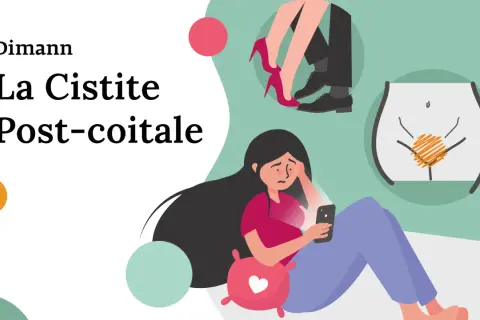 La cistite post-coitale può passare da sola. Illustrazione di una donna preoccupata che guarda il telefono, con simboli di intimità e disagio.