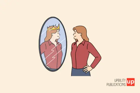 Donna con corona riflessa nello specchio, un esempio di narcisismo maligno.