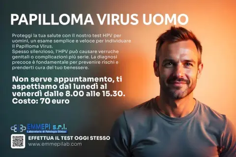 Uomo sorridente con testo sul Papilloma Virus. Il test HPV è disponibile senza appuntamento, utile anche per il papilloma virus contagio senza rapporti.