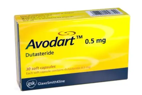 Scatola di Avodart 0.5 mg, contenente 30 capsule molli di dutasteride. Avodart a cosa serve? Per il trattamento dell'iperplasia prostatica benigna.