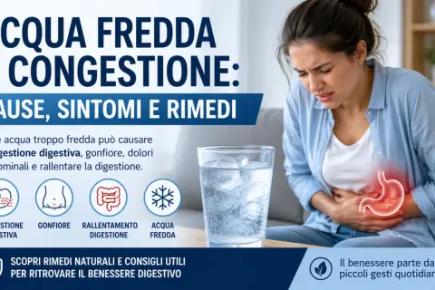 Donna con dolore addominale, possibile causa: congestione digestiva da acqua fredda. Immagine illustra cause, sintomi e rimedi.