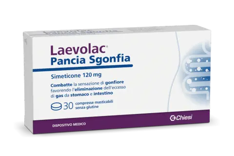 Laevolac Pancia Sgonfia, 30 compresse masticabili senza glutine. Utile per il mal di pancia e il gonfiore, con simeticone.
