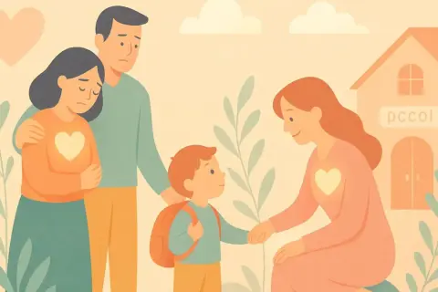 Un bambino con zaino, tra genitori preoccupati e una maestra sorridente. Un'immagine che evoca l'inserimento al nido e l'attaccamento alla mamma.