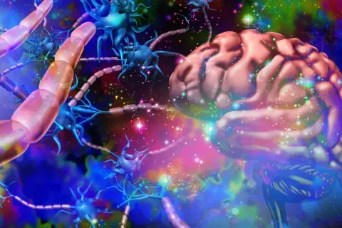 Cervello e neuroni in un paesaggio cosmico colorato, evocando la complessità di cos'è la ketamina.